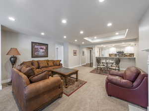 Living room with a tray ceiling and light carpet