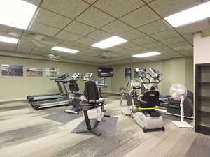 Workout area with a paneled ceiling, ceiling fan, and hardwood / wood-style floors