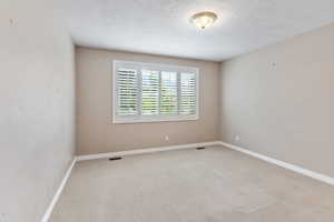 Carpeted empty room with a textured ceiling