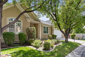 View of front of home with a front yard and a garage