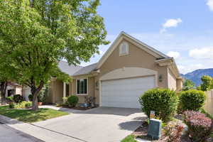 View of front of property featuring a mountain view and a garage