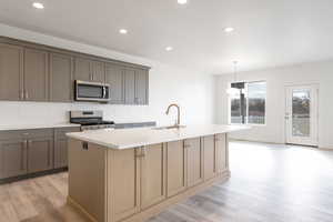 Kitchen with a kitchen island with sink, sink, decorative backsplash, light wood-type flooring, and stainless steel appliances