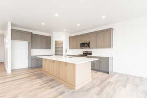 Kitchen with sink, stainless steel appliances, backsplash, light hardwood / wood-style floors, and a center island with sink