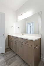 Bathroom with hardwood / wood-style floors and vanity