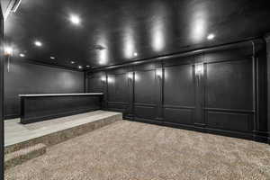 Home theater room with light colored carpet