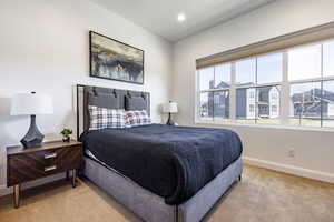 Bedroom with light carpet and multiple windows