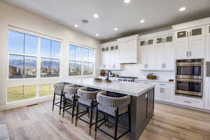 Kitchen with a mountain view, appliances with stainless steel finishes, a center island with sink, and white cabinets