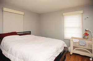 Bedroom with dark wood-type flooring