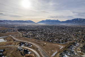 Aerial view at dusk with a mountain view