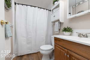 Bathroom featuring  wood-style floors, vanity, a textured ceiling, and toilet