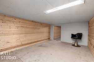 Basement extra bonus room 2  with light carpet and wooden walls