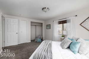 Bedroom featuring carpet flooring, a textured ceiling, and 2 closets