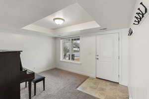 Carpeted foyer entrance with a raised ceiling