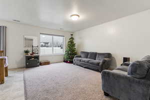 Carpeted living room featuring a textured ceiling