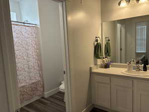 Bathroom featuring hardwood / wood-style floors, vanity, and toilet