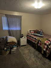 Carpeted bedroom featuring a textured ceiling