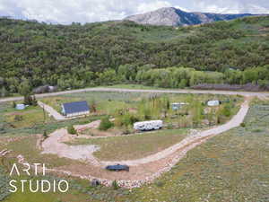 Aerial overview of property's location with a heavily wooded area and a mountain backdrop