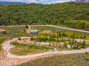 Aerial view featuring a mountain view