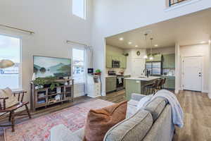 Living room with a wealth of natural light, hardwood / wood-style floors, open concept into the kitchen