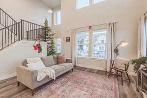 Living room featuring plenty of natural light, wood-type flooring, and an open to second floor ceiling