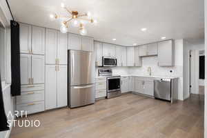 Kitchen with sink, decorative backsplash, a textured ceiling, light hardwood / wood-style floors, and stainless steel appliances