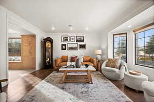 Living room with dark hardwood / wood-style floors, crown molding, and a wealth of natural light