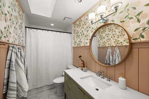 Bathroom with vanity, toilet, and a skylight