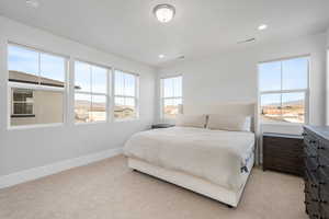 Carpeted bedroom featuring multiple windows