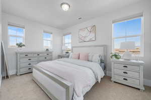 Bedroom featuring light colored carpet and multiple windows