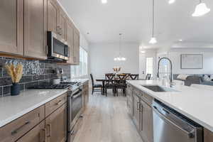 Kitchen featuring pendant lighting, stainless steel appliances, and a healthy amount of sunlight