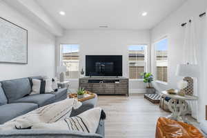 Living room featuring a healthy amount of sunlight and light hardwood / wood-style floors