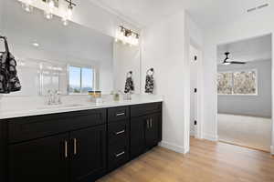 Bathroom with hardwood / wood-style floors, vanity, and ceiling fan