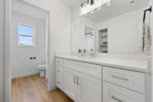 Bathroom with hardwood / wood-style floors, vanity, and toilet