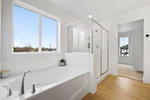 Bathroom with shower with separate bathtub and hardwood / wood-style flooring