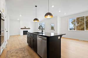 Kitchen featuring stainless steel dishwasher, white cabinets, sink, and a kitchen island with sink