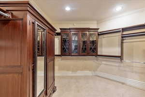 Spacious master closet featuring light carpet