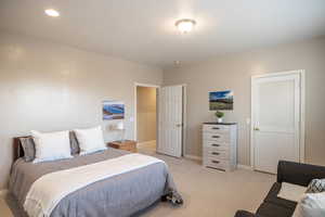 Bedroom featuring light colored carpet