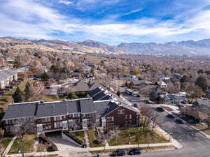 Aerial view featuring a mountain view