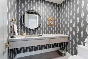 Bathroom with vanity, toilet, and wood-type flooring