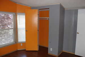 Unfurnished bedroom with multiple windows, a closet, dark wood-type flooring, and a textured ceiling