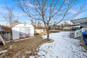 Yard covered in snow featuring a storage shed and a trampoline