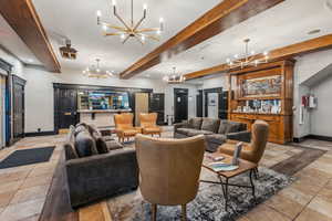 Living room with beam ceiling