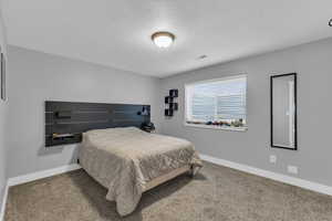 Bedroom featuring carpet floors and a textured ceiling