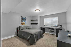 Carpeted bedroom with a textured ceiling