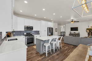 Kitchen with sink, dark hardwood / wood-style floors, appliances with stainless steel finishes, a kitchen island, and white cabinetry