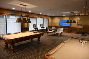 Rec room featuring carpet and billiards