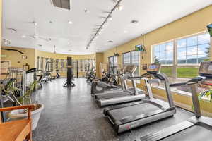 Workout area featuring rail lighting and ceiling fan