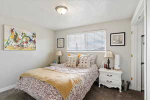 Bedroom with dark carpet and a textured ceiling