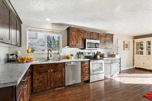 Kitchen featuring appliances with stainless steel finishes, dark brown cabinets, dark wood-type flooring, and sink