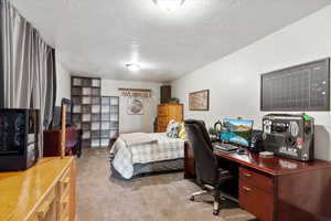 Carpeted bedroom with a textured ceiling